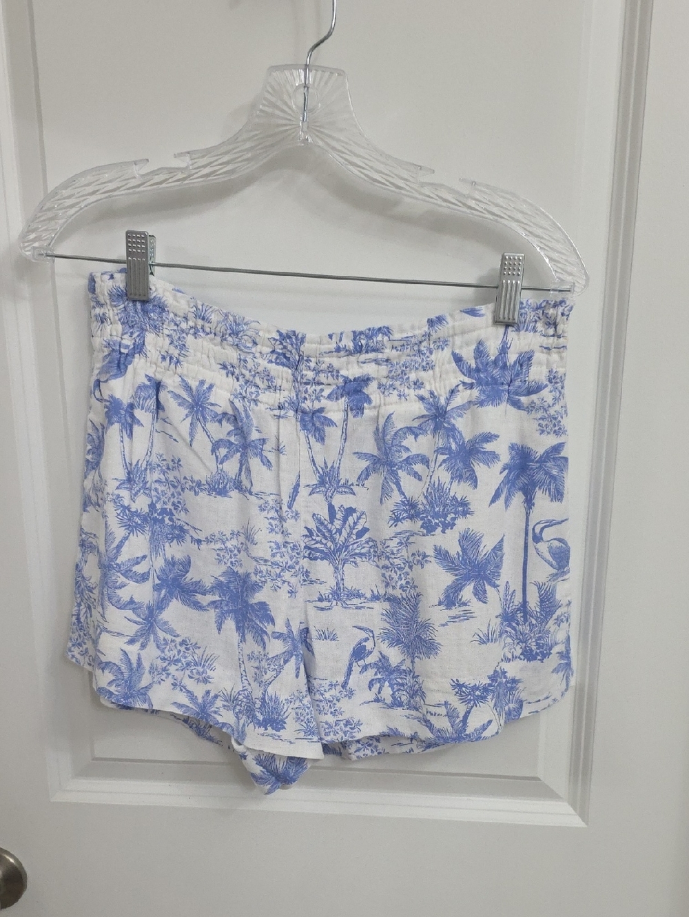 A New Day White and Light Blue Palm Print High Waist Linen Shorts